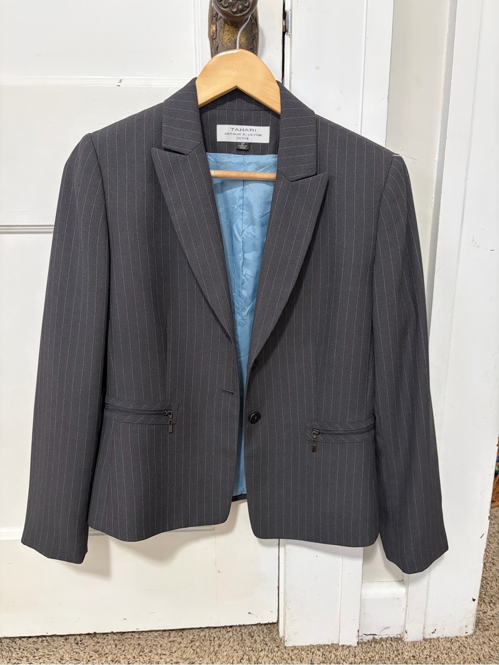 Tahari Charcoal Pinstripe Blazer with Light Blue Lining